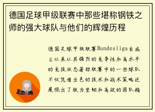德国足球甲级联赛中那些堪称钢铁之师的强大球队与他们的辉煌历程