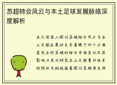 苏超转会风云与本土足球发展脉络深度解析